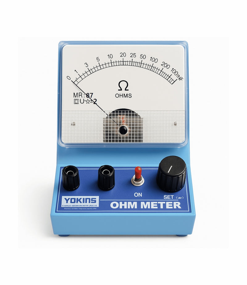 Yokins Instruments portable ohmmeter showing digital display and measurement probes for electrical resistance testing