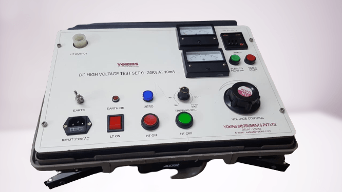 Yokins Instruments high voltage breakdown tester showing a 30KV 10mA testing device with digital display and safety controls