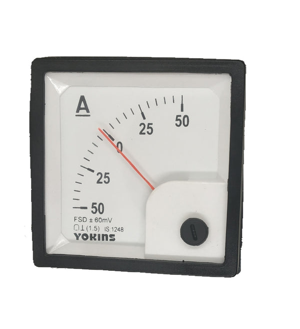 Yokins Instruments MR72-IR-50-0-50A/60mV DC current and voltage measuring instrument display showing 50-0-50A and 60mV readings