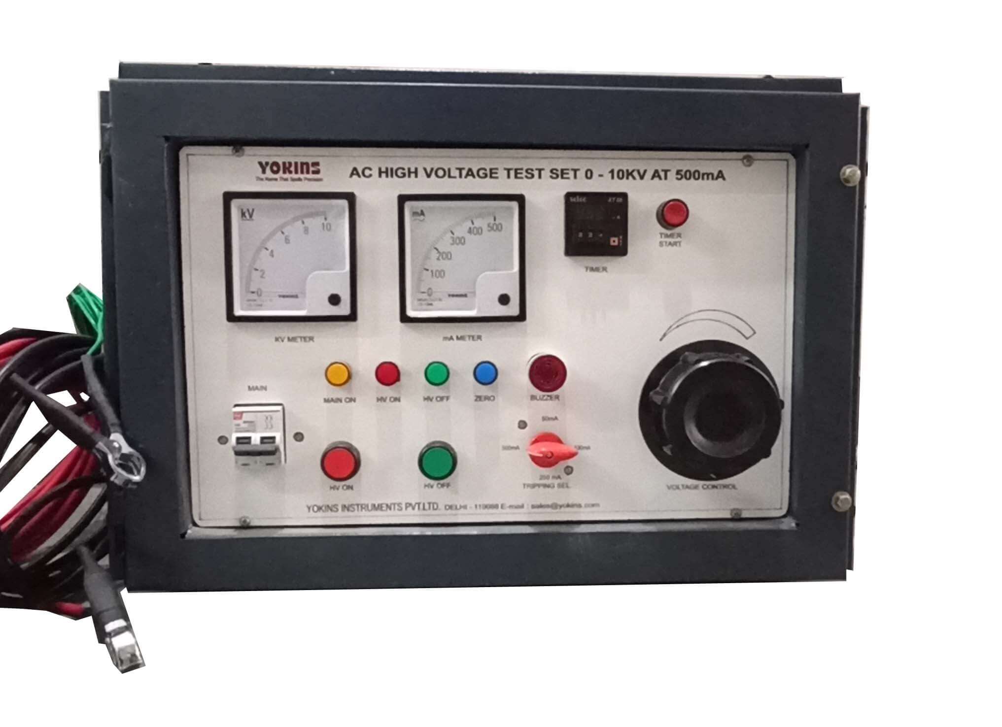 Yokins Instruments high voltage breakdown tester with testing leads and control panel for electrical insulation testing.
