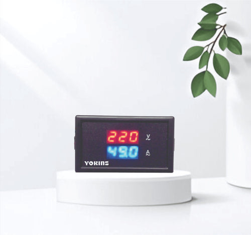 Yokins Instruments digital display AC voltmeter and ammeter showing electrical readings on a clear digital screen