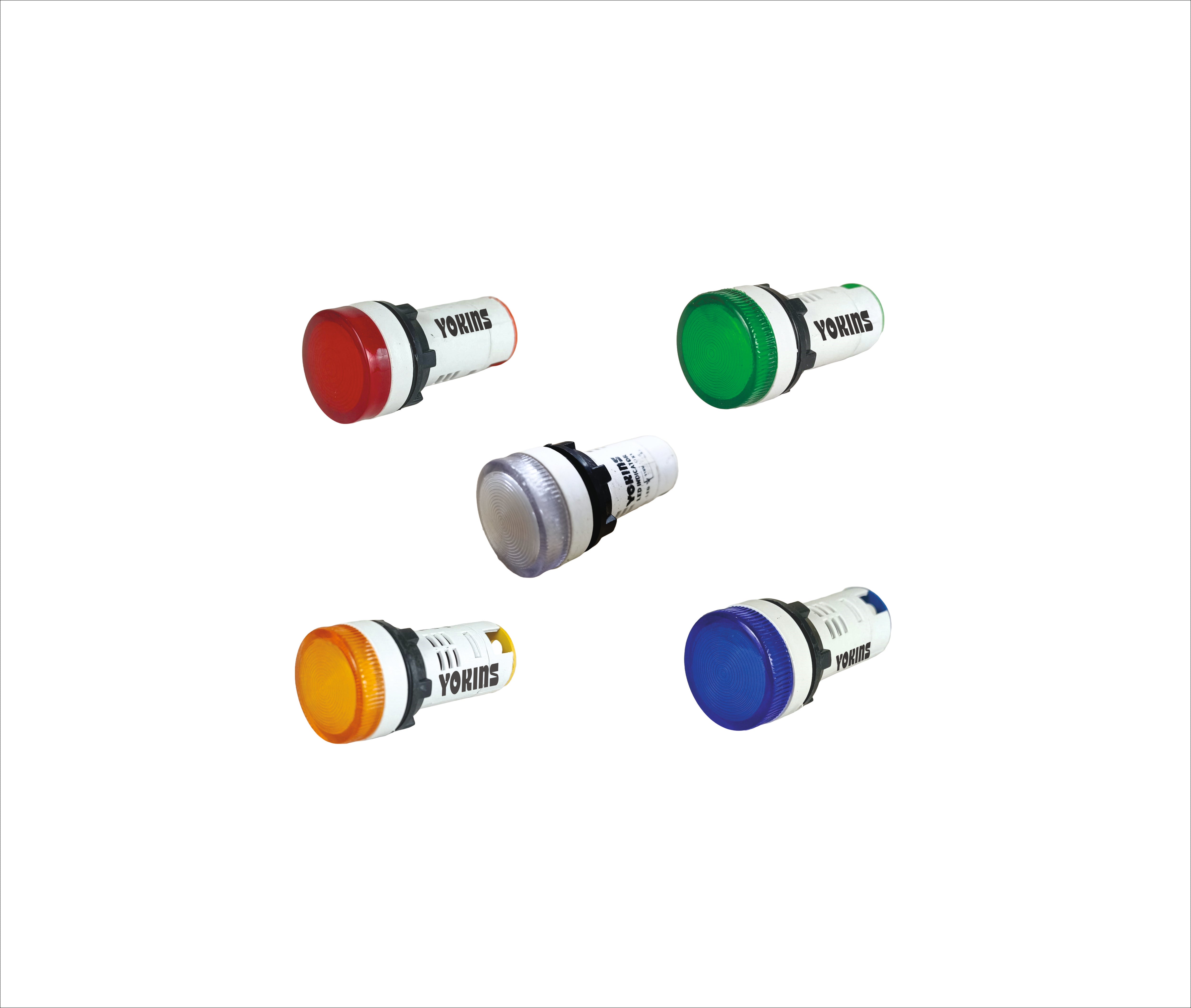 Yokins Instruments AW Series indicating lights in various colors, showing different LED color options for industrial signaling.