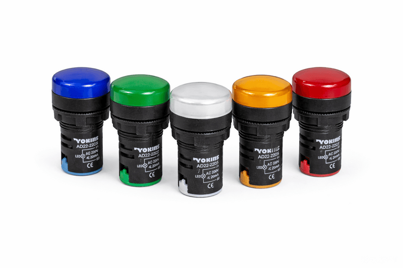 Yokins Instruments DS Series indicating lights with transparent covers and colorful LEDs for industrial signaling and status indication.