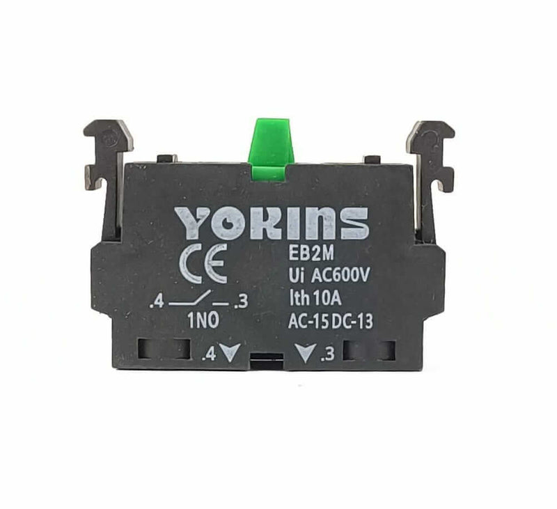 Green contact element for A-Series push button switch by Yokins Instruments, with single normally open contact visible.