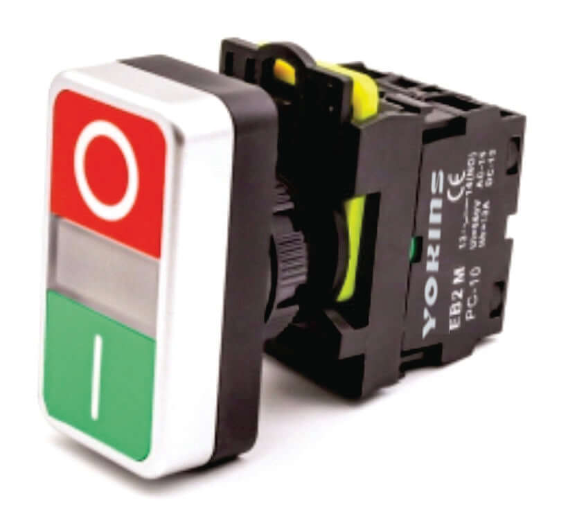 Yokins Instruments ON-OFF illuminated push button switch with gray and red colors, mounted on a panel for industrial control.