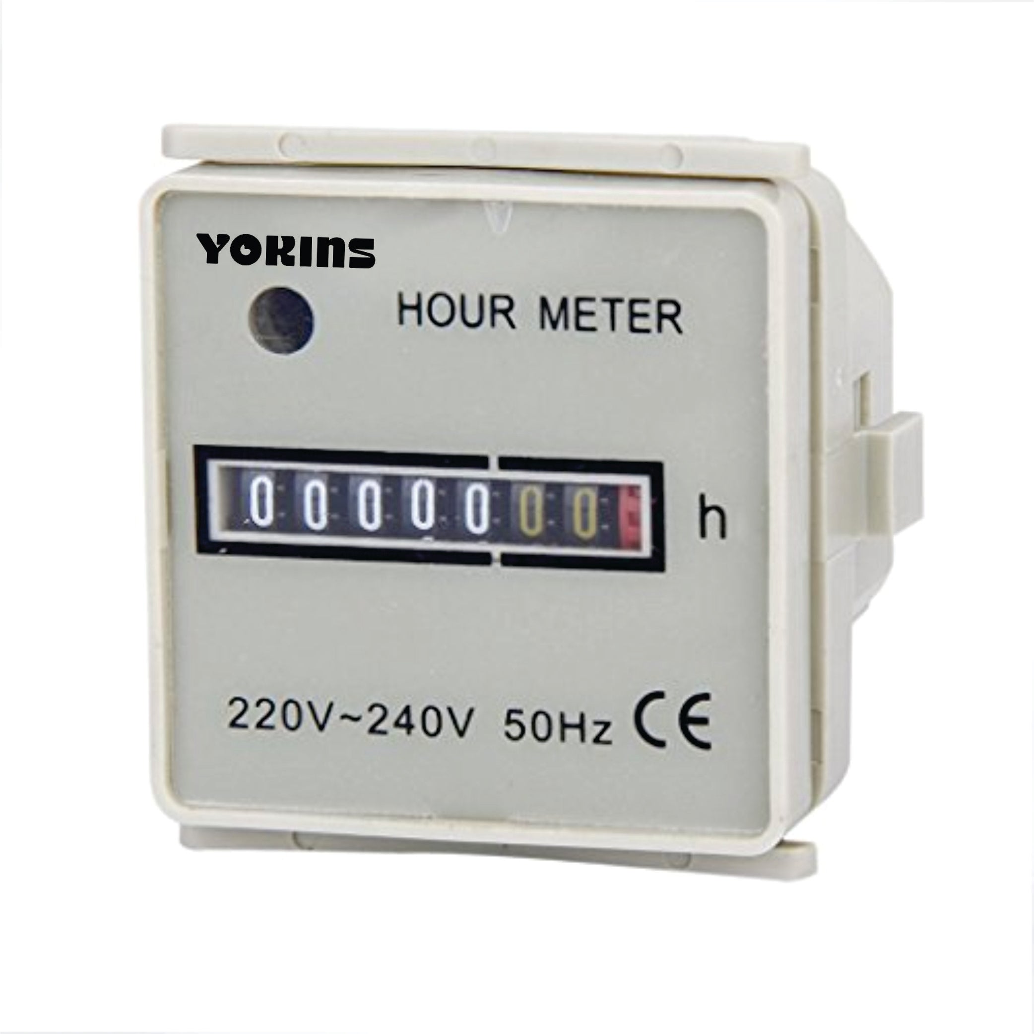 Yokins Instruments AC hour meter displaying 220V-240V voltage, used for tracking machine operating hours.