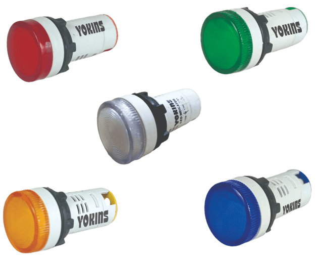 Yokins Instruments AW Series indicating lights with multiple colored indicator signals mounted on a panel.
