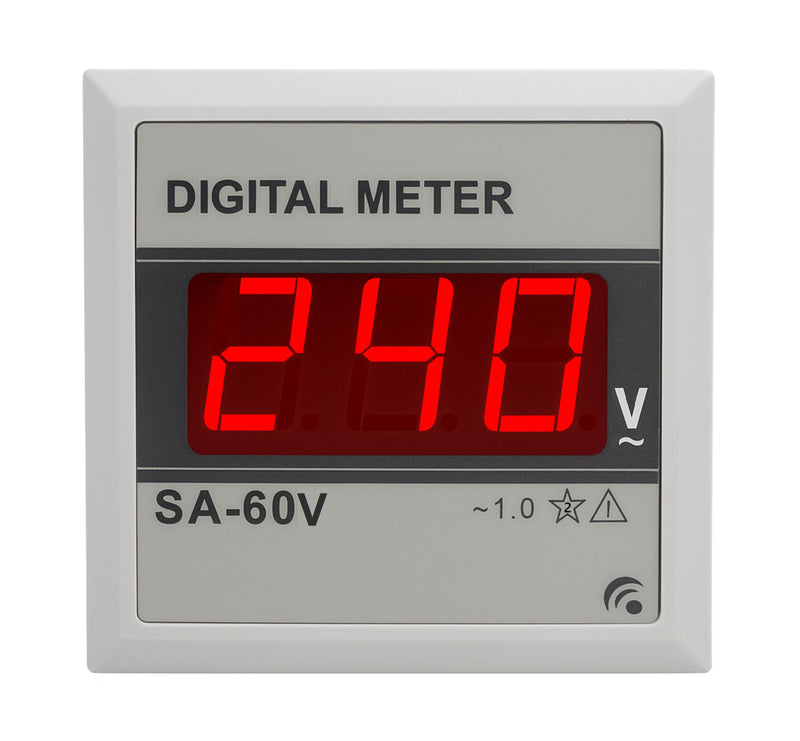 Front view of Yokins Instruments Small Meters SA-60V digital display showing voltage measurements.